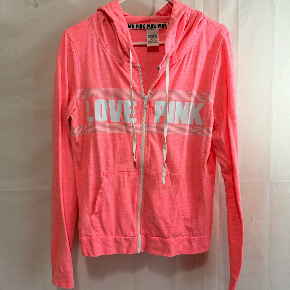 PINK Victorias Secret Full Zip Hoodie Sweatshirt Neon Love Pink Womens Size Med